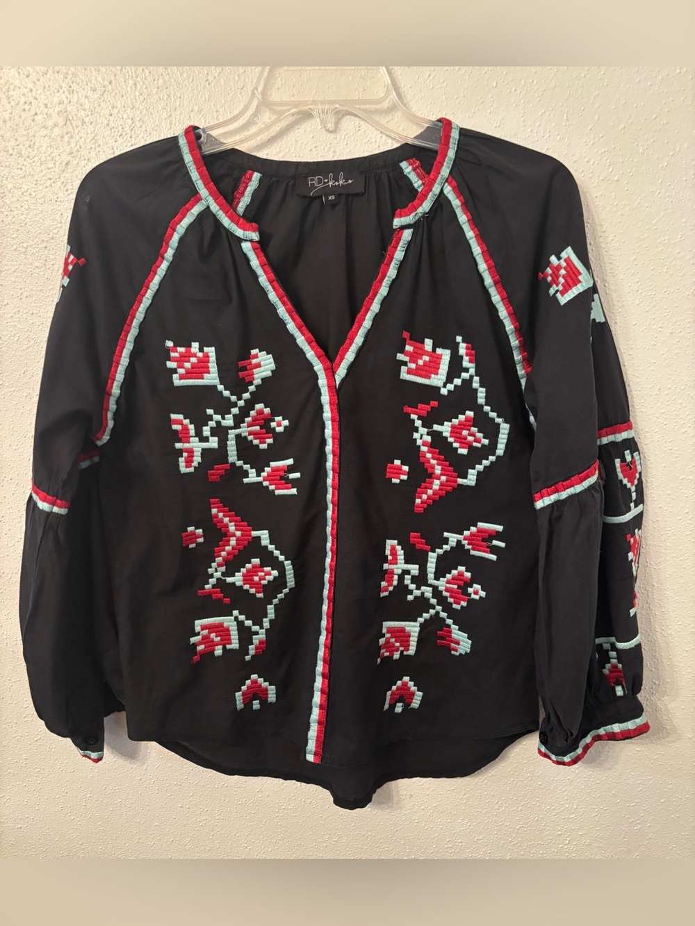 RD Style Black Embroidered Boho Tunic with Red & Aqua Trim